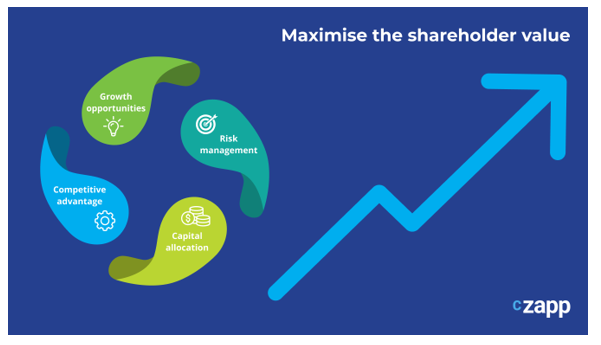 Graphic that shows sections for 'growth opportunities', 'risk management', competitive advantage' and 'capital allocation'. An arrow points upwards to the text 'Maximise the shareholder value'
