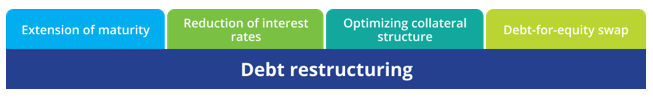 Graphic shows four aspects of debt restructuring: 'extension of maturity', 'reduction of interest rates', 'optimizing collateral structure', 'debt-for-equity swap'