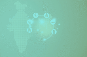 A digital map of India with circular icons representing sustainability themes such as renewable energy, transport, housing, and trees, connected by dotted lines on a green background.