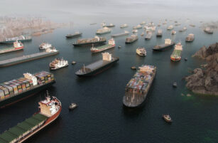 Numerous large cargo ships and container vessels are crowded together in a narrow body of water, surrounded by rocky coastlines under an overcast sky, creating a maritime traffic jam.