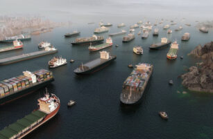 Numerous large cargo ships and smaller boats are crowded together in a narrow waterway surrounded by rocky terrain, creating a busy maritime scene under an overcast sky.