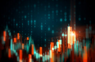 Abstract image of a digital financial chart with glowing candlesticks, binary code, and fluctuating data bars, representing stock market trading or data analysis on a dark background.