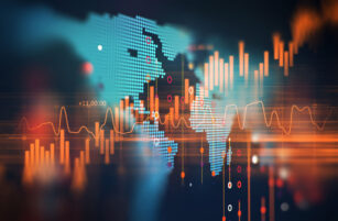 A digital world map with orange financial graphs and data overlays, representing global stock or market trends, with the Americas in focus against a dark, blurred background.
